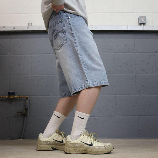Denim Y2K embroidered shorts long leg blue Riflessi skater style brand surf jorts