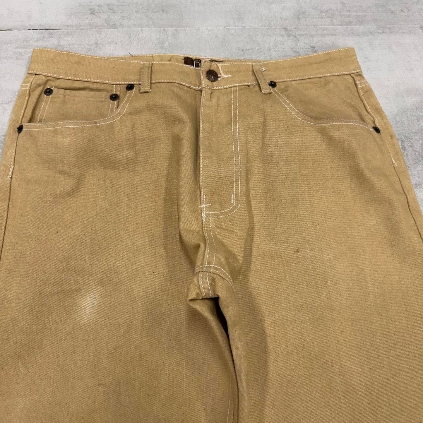 Y2K Hip Hop jeans Tan Fivez W36 L32 Denim skate pants rear pocket designs