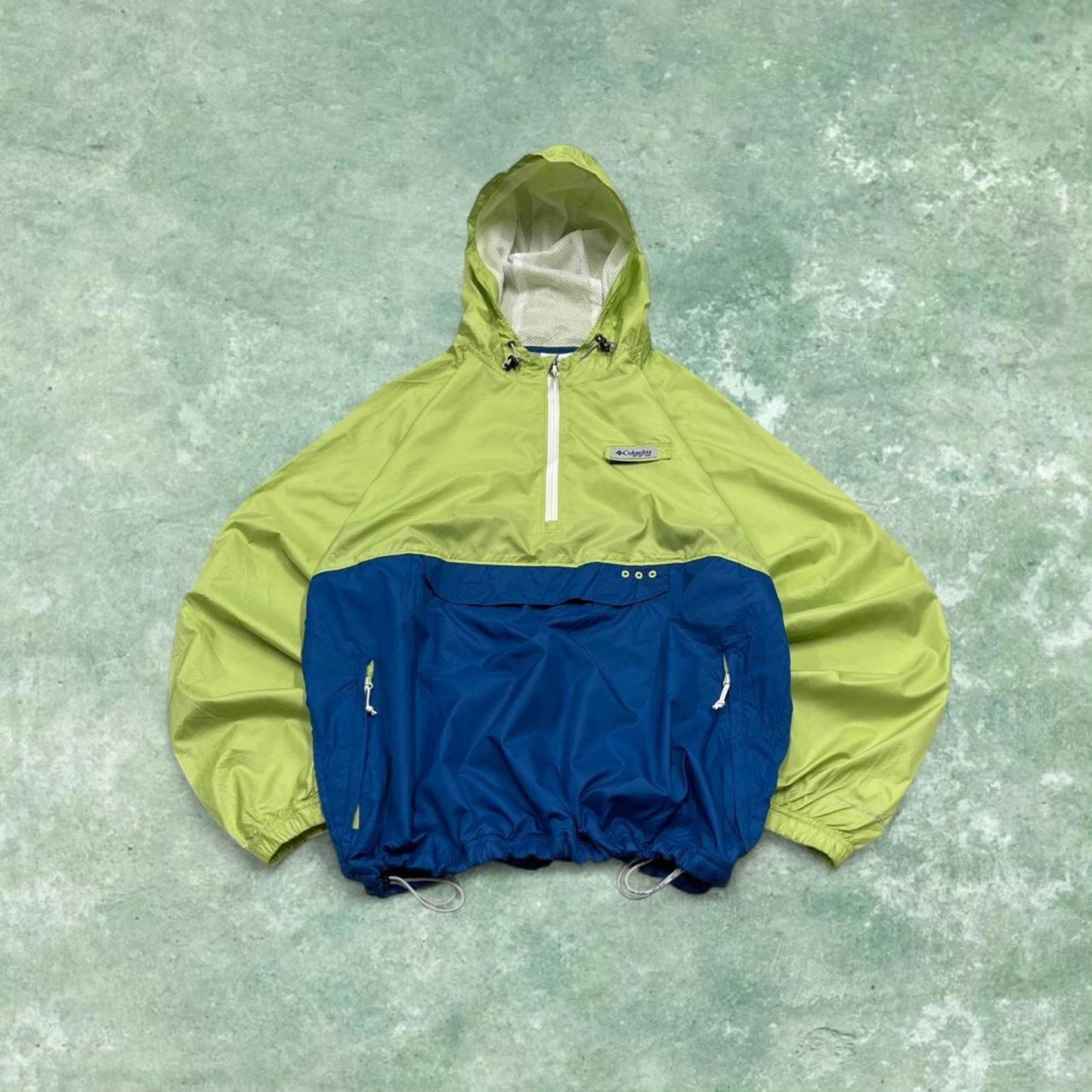Y2K Columbia PFG technical windbreaker jacket green blue Lightweight packable hooded coat adjustable