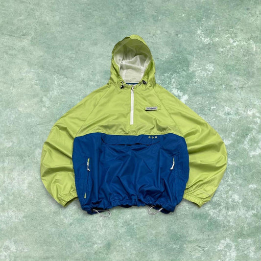 Y2K Columbia PFG technical windbreaker jacket green blue Lightweight packable hooded coat adjustable