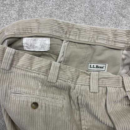 LL Bean baggy pleated corduroy pants beige Wide wale chunky jumbo cord trousers preppy