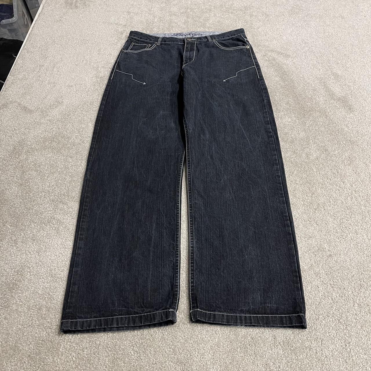 Y2K Brooklyn Xpress baggy jeans wide leg navy blue denim Loose leg surf style pants, embroidered