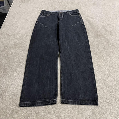 Y2K Brooklyn Xpress baggy jeans wide leg navy blue denim Loose leg surf style pants, embroidered