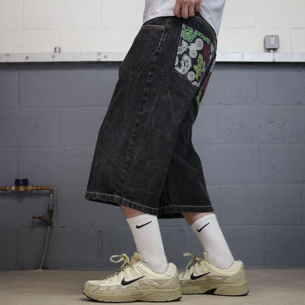 Long baggy denim shorts y2k black 4Fatherz skater style shorts with paisley pattern design