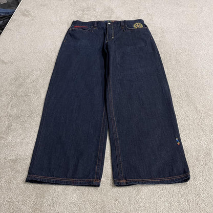 Baggy COOGI embroidered jeans y2k W40L33 navy blue embroidered pattern wide leg skater pants
