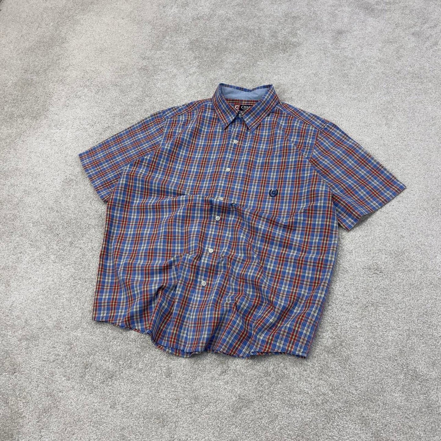 Blue Red checkered Chaps technical shirt L men's short sleeve button up autumn y2k style