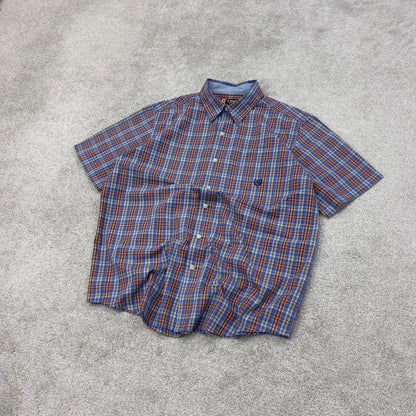 Blue Red checkered Chaps technical shirt L men's short sleeve button up autumn y2k style