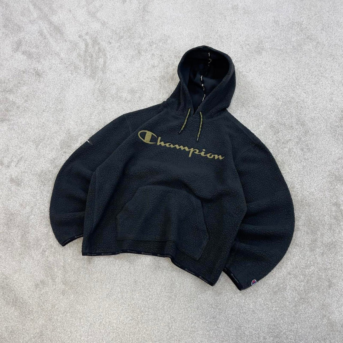 Black Champion technical fleece hoodie Medium Women's cropped y2k style autumn pull over