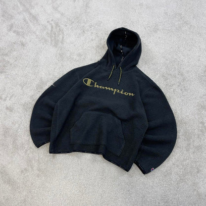 Black Champion technical fleece hoodie Medium Women's cropped y2k style autumn pull over