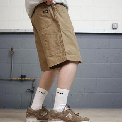 Y2k baggy carpenter shorts skater style tan Jesse James canvas wide leg summer festival jorts