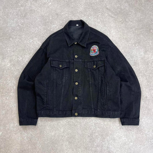 Embroidered denim trucker jacket M black boxy embroidered denim jacket