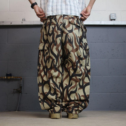 ASAT baggy camo cargo pants XXL brown Wide leg tribal camouflage pattern double knees adjustable