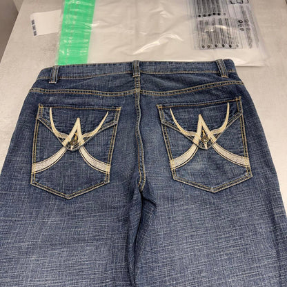 Mens DKNY baggy embroidered jeans W34 L30 loose blue Y2K hip hop embroidered design