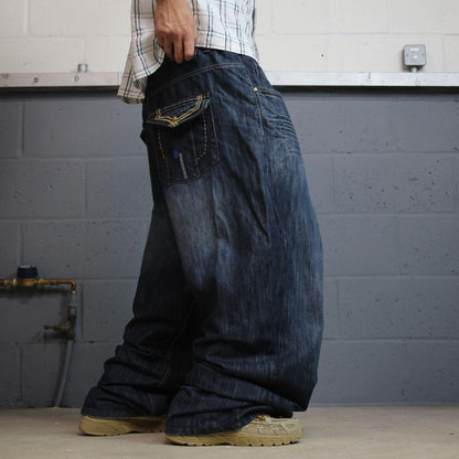 Extra baggy embroidered jeans y2k W48L33 blue Indigo 30 wide leg skater pants, embroidered design