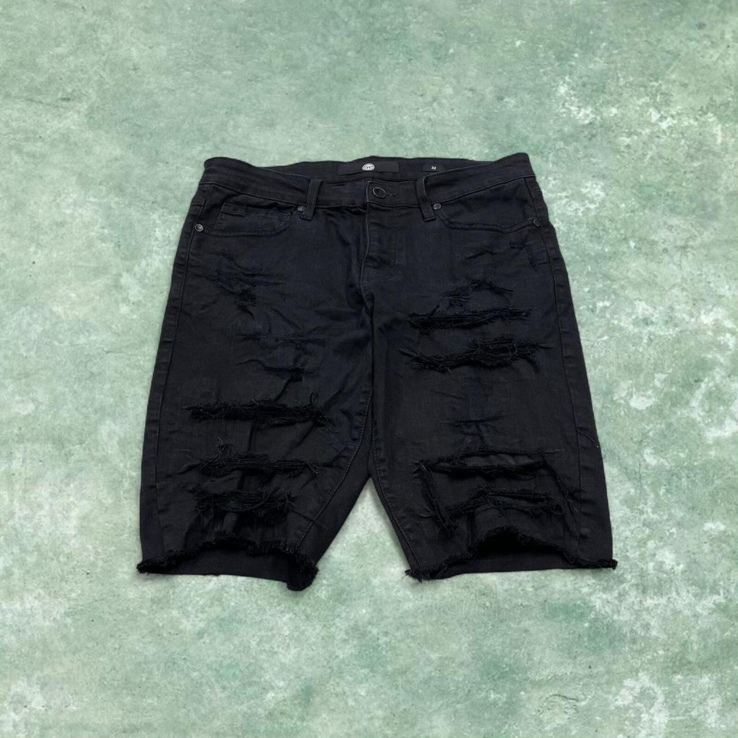Y2k distressed denim shorts black W32 Jordan Craig summer ripped jorts