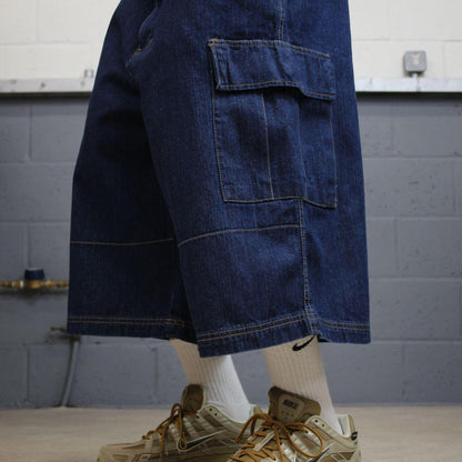 Super baggy denim shorts cargo blue Long leg skater surf style carpenter jorts