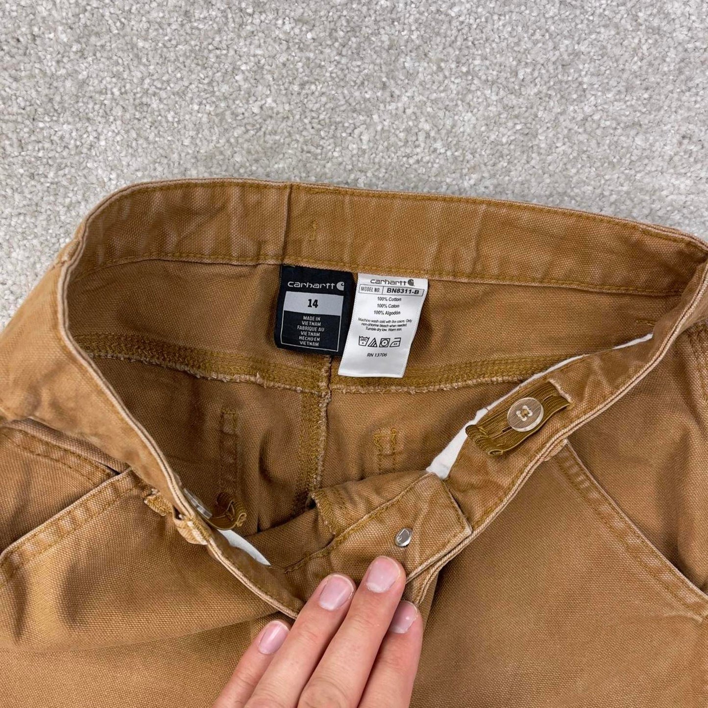 Tan Carhartt carpenter pants teens size 14 W26L28 loose canvas 90s style cargos