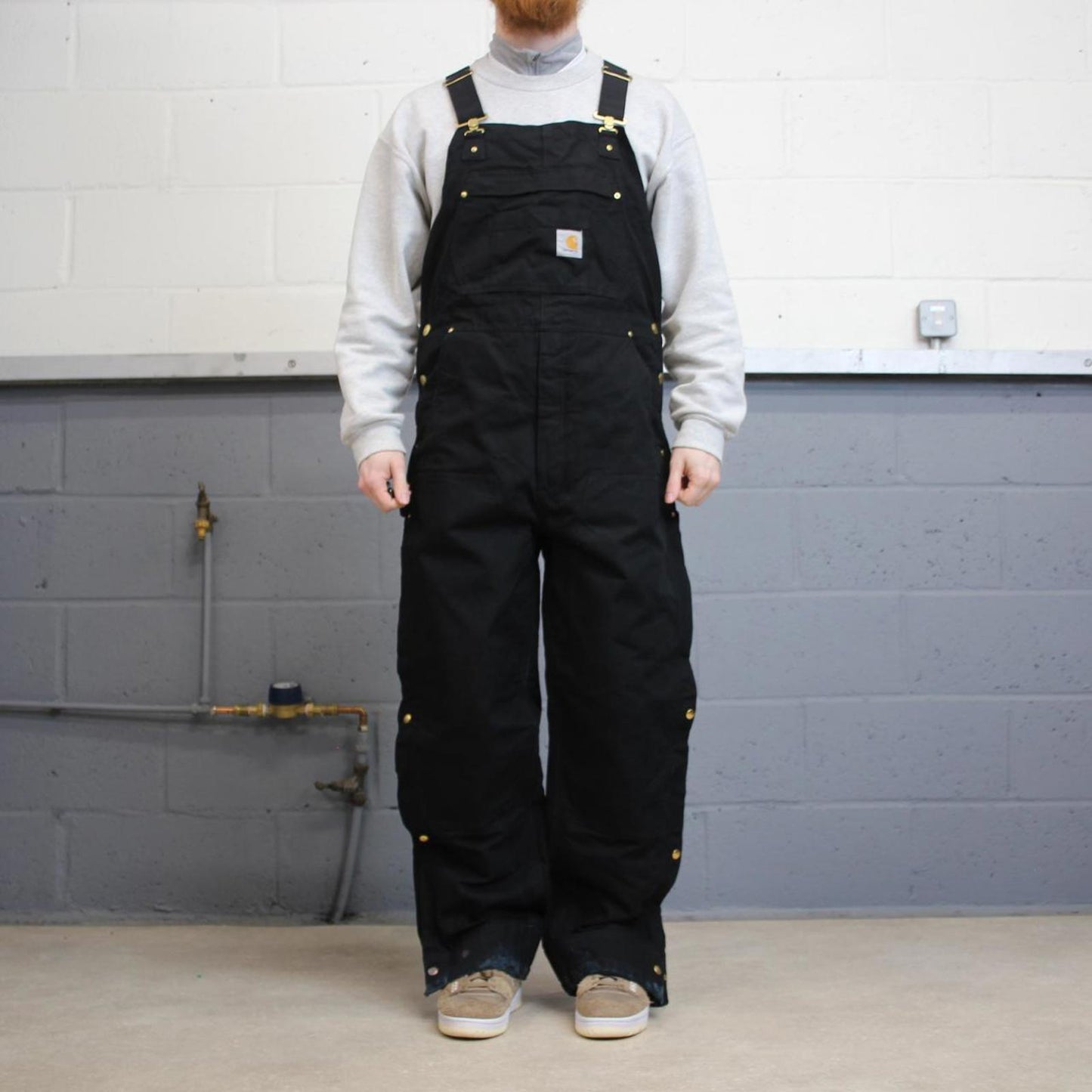Vintage y2k baggy Carhartt dungarees wide leg black Quilted canvas bib & brace overalls workwear