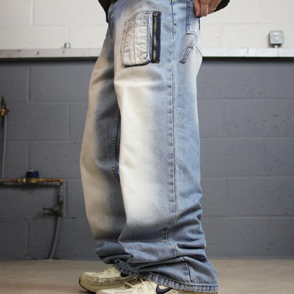 Akademiks baggy jeans y2k washed blue W32L34 Wide leg heavy denim utility pockets cargo skater pant