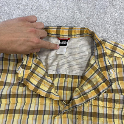 North Face checkered short sleeve shirt yellow brown TNF Festival style surf check shirt