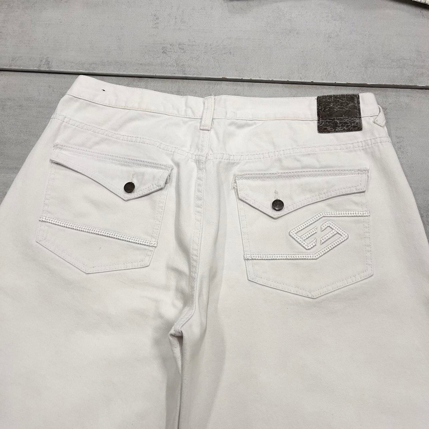 Baggy Enyce denim shorts W38 long wide leg skater style pocket flaps embroidered design