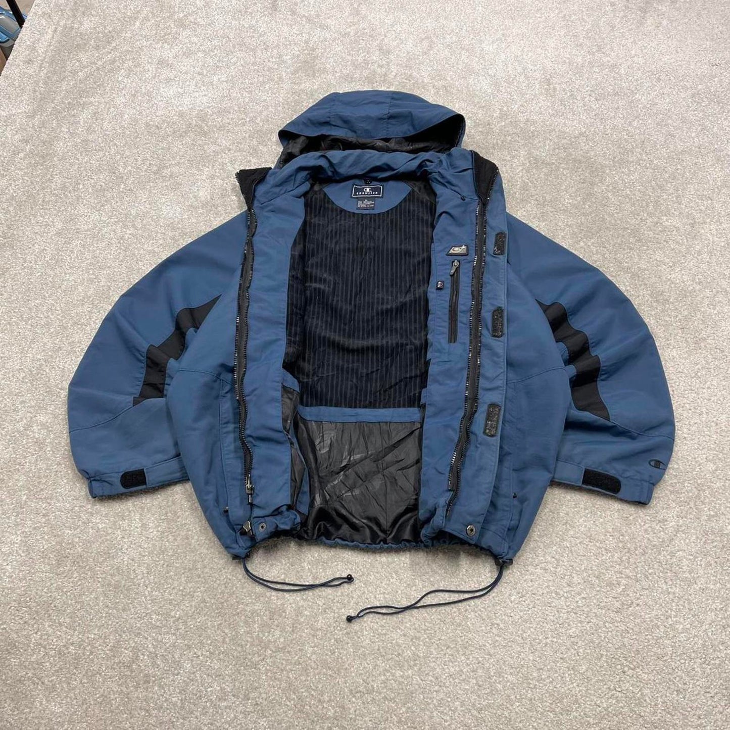 Y2K Champion technical windbreaker jacket blue Zip pockets adjustable waist embroidered hooded coat