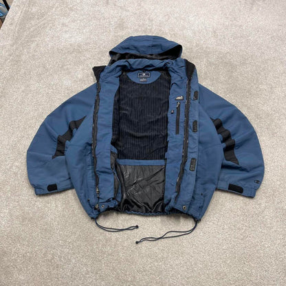 Y2K Champion technical windbreaker jacket blue Zip pockets adjustable waist embroidered hooded coat