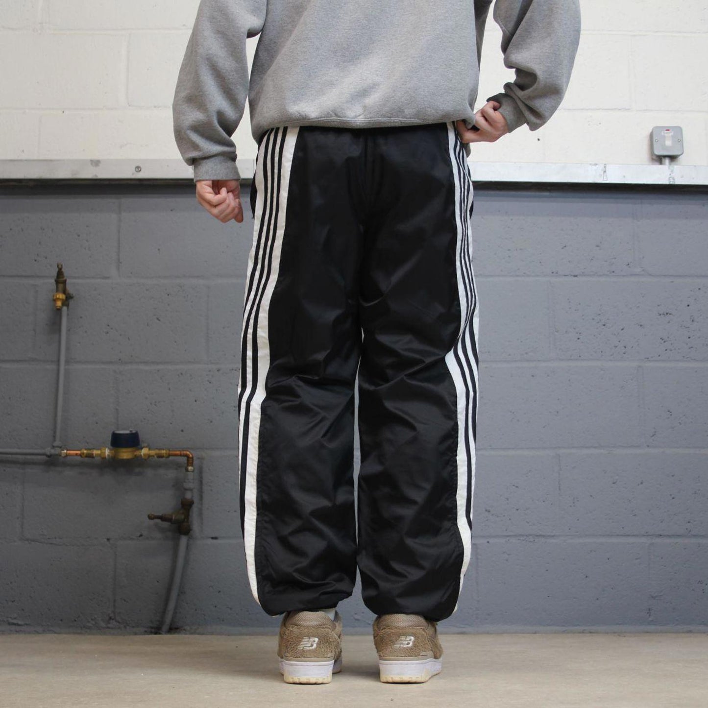 Y2K Adidas tracksuit bottoms black Loose embroidered mesh lined striped track pants