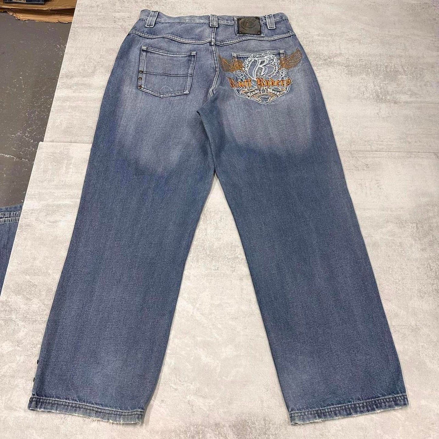 Baggy Ruff Ryders jeans W36L32 blue loose fit denim embroidered design 90s y2k style skater jeans