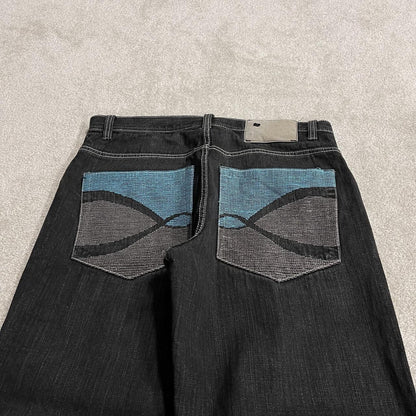 Baggy embroidered jeans y2k W36L31 black LOT29 wide leg skater style pants big embroidered designs