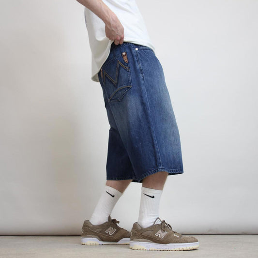 Mens baggy Sean John jorts W36 wide leg denim embroidered design 90s skater style