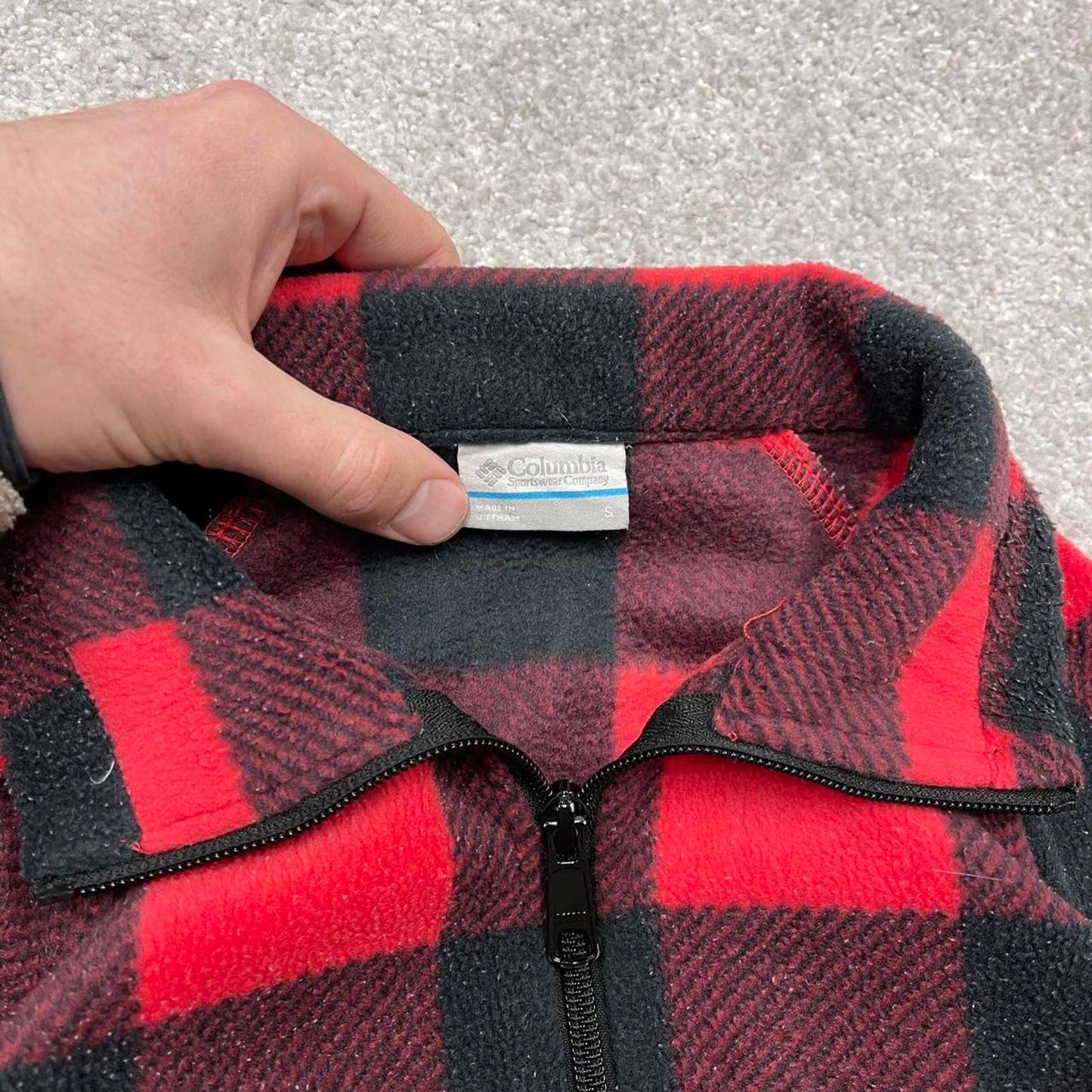 00s Columbia technical fleece S women's red check full zip up y2k style autumn adjustable waist
