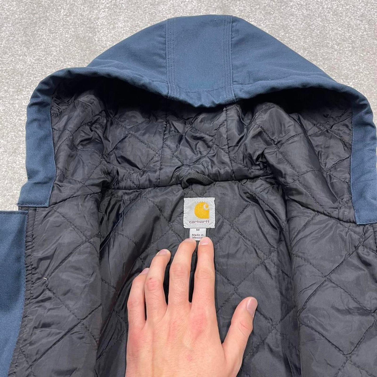 90s Carhartt hooded active jacket Medium navy bomber style American workwear coat