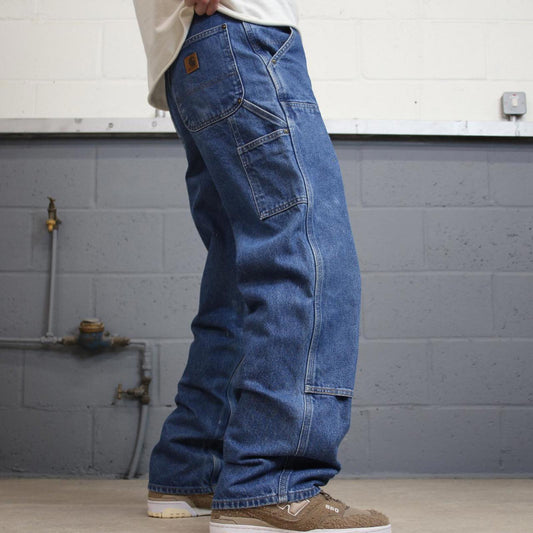 Blue Denim Carhartt double knee carpenter jeans W31L32 90s style thick denim loose leg cargos