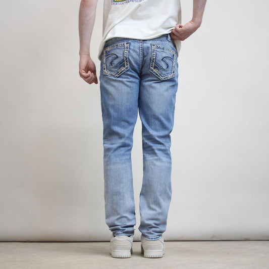 Silver embroidered denim jeans W32 L30 blue skinny y2k embroidered design