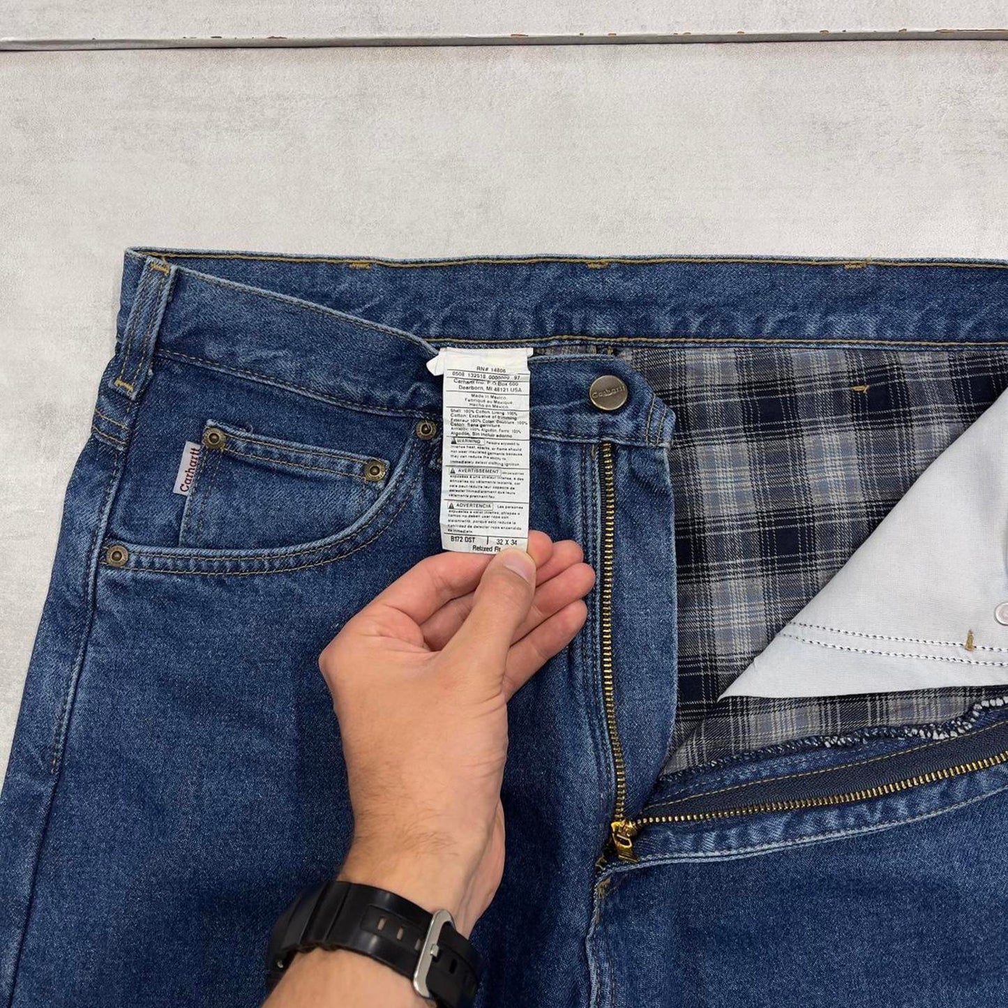 Blue Denim Carhartt flannel lined jeans W32L34 baggy 90s style thick denim loose leg