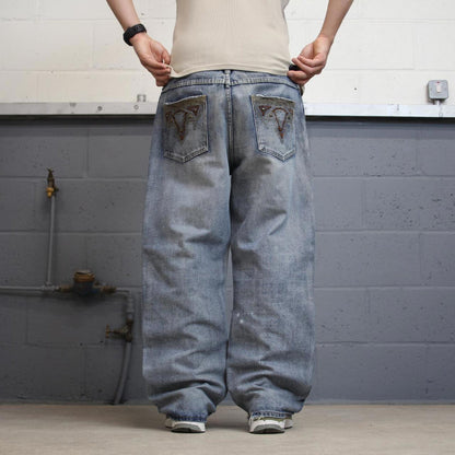 Blue Route 66 baggy skate jeans W38L30 loose denim embroidered y2k style pants big stitch design