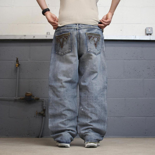 Blue Route 66 baggy skate jeans W38L30 loose denim embroidered y2k style pants big stitch design