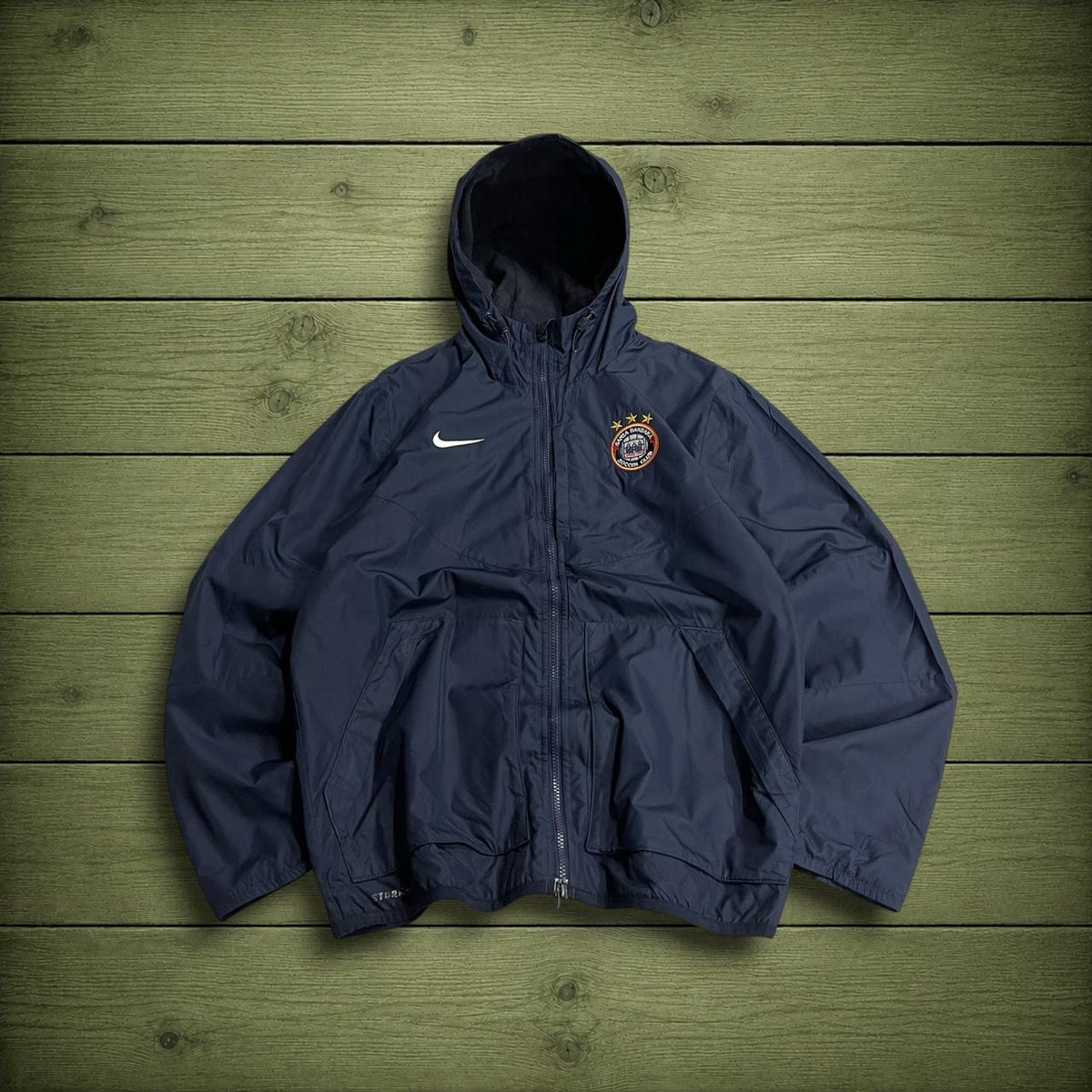 Y2K Nike technical jacket navy hooded full zip windbreaker coat embroidered football club