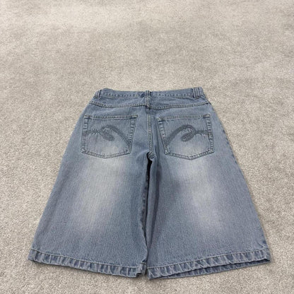 Denim Y2K embroidered shorts long leg blue Riflessi skater style brand surf jorts