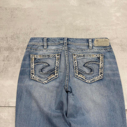 Silver embroidered denim jeans W32 L30 blue skinny y2k embroidered design