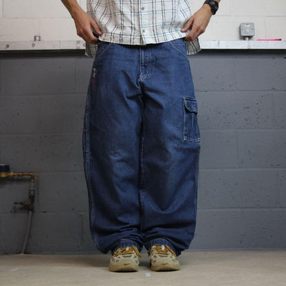 Y2K FUBU baggy carpenter jeans embroidered blue denim Loose wide leg skater surf style cargo jeans