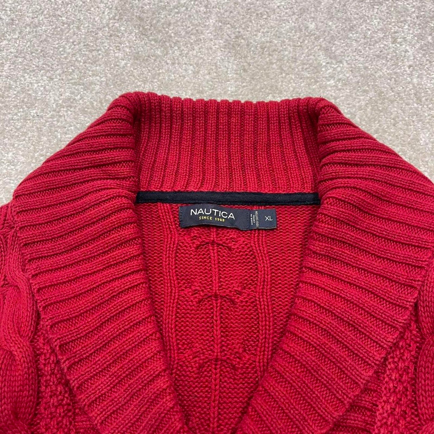 00s Nautica cable knit sweater jumper embroidered XL men's red knitted pull over y2k 90s style