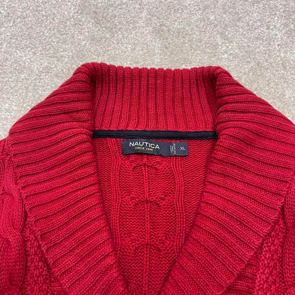 00s Nautica cable knit sweater jumper embroidered XL men's red knitted pull over y2k 90s style