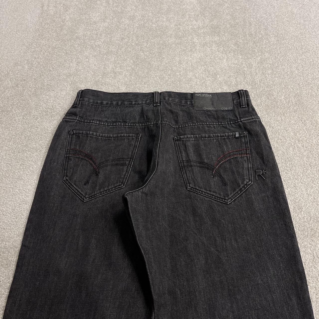 Y2K Rocawear embroidered jeans loose black denim Wide leg surf style pants embroidered stitch design