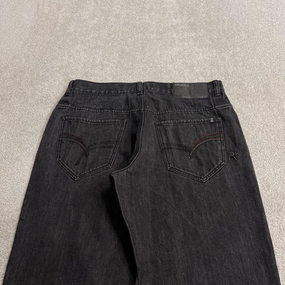 Y2K Rocawear embroidered jeans loose black denim Wide leg surf style pants embroidered stitch design