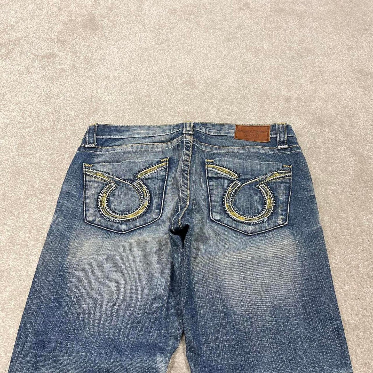 Y2k embroidered big star jeans blue Straight slim 00s style denim pants waist patch logo
