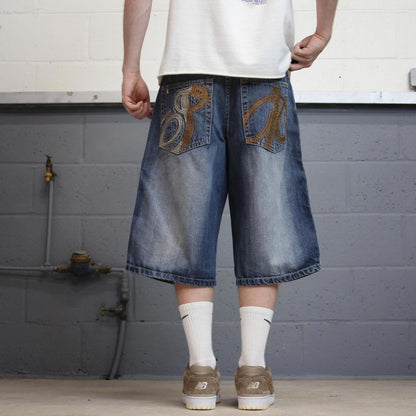 Baggy Southpole skate shorts W34 blue Loose long wide leg embroidered skate jorts