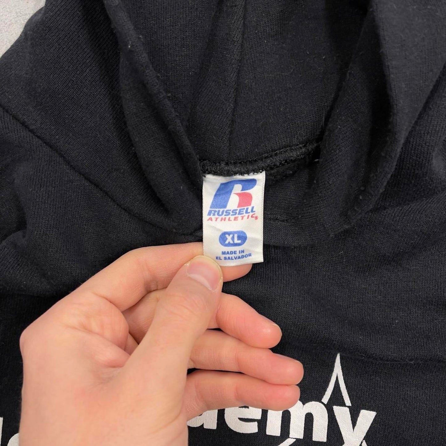 Black Russell Athletic hoodie XL Pullover jumper with print design and logos