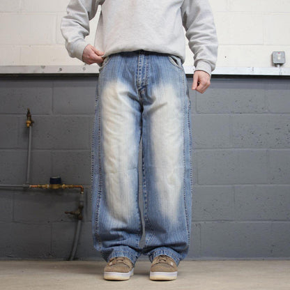Y2K baggy embroidered jeans wide leg blue Knobetta loose fit denim skater style pants